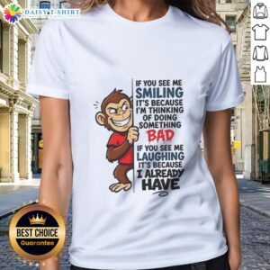 Good Monkey Tee: Smiling monkey graphic with text about mischief for ladies, perfect for playful casual wear.