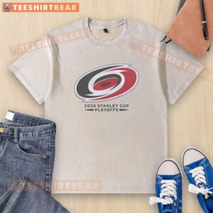 Alt Text: Official Carolina Hurricanes Ice Hockey NHL 2026 Stanley Cup Playoffs big logo washed t-shirt displayed on a neutral background.