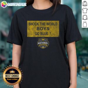 Good Michigan Wolverines MBB 2026 National Champions Shock The World sign on a ladies tee, showcasing team spirit.
