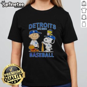 Premium Snoopy and Charlie Brown x Detroit Tigers baseball tee for ladies, established 1894, showcasing vibrant graphics.