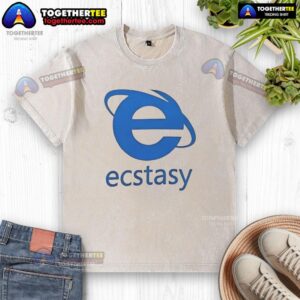 Top Ecstasy logo parody on a washed t-shirt, featuring vibrant colors and a trendy design for casual wear.