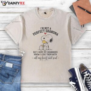 Washed t-shirt with 'Nice, I'm Not a Perfect Grandma, but I Hope My Grandkids Know I Love Them' and Snoopy design.