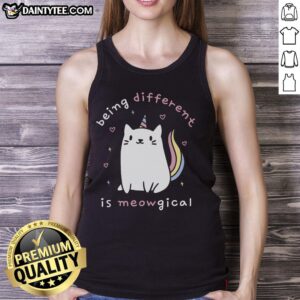 Alt Text: Cute tank top featuring a whimsical cat design with the phrase Nice Being Different is Meowgical for cat lovers.
