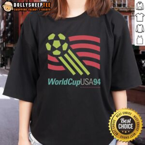 Retro 2026 soccer nostalgia ladies tee featuring USA 94 World Cup design, perfect for soccer fans and vintage style lovers.