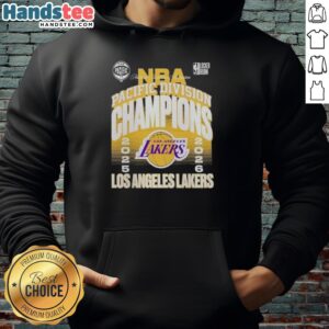 2026 NBA Pacific Division Champions hoodie featuring the Los Angeles Lakers logo and vibrant team colors.