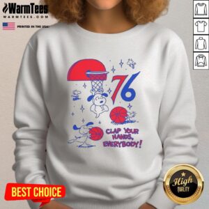 Original Philadelphia 76ers X Snoopy and Woodstock 'Clap Your Hands Everybody' sweatshirt featuring vibrant team colors.