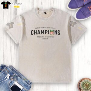 Official Wrexham AFC Women 2025-26 Premier Champions Washed T-Shirt featuring club colors and logo.