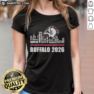Buffalo Sabres 2026 NHL ladies tee featuring player names and city skyline design, perfect for fans and stylish support.