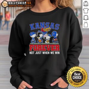 Original Peanuts X Kansas Jayhawks sweatshirt featuring cartoon characters with 'Forever Fan' slogan. Perfect for fans!
