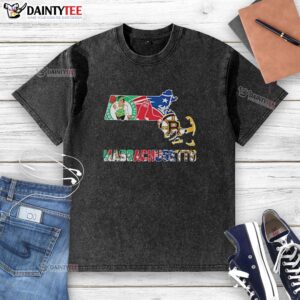 Alt Text: Nice Massachusetts sports teams graphic on a washed t-shirt, showcasing local teams and vibrant design.