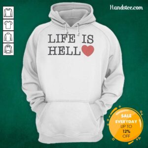 Alt Text: Official Life Is Hell Heart Shape Hoodie in black, featuring a unique heart design, perfect for casual wear.