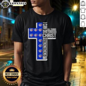 Toronto Blue Jays Cross I Can Do All Things T-Shirt featuring bold logos and inspiring Christian message.