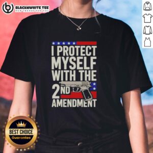 Premium I Protect Myself With The 2nd Amendment Ladies Tee showcasing a stylish design for women's rights and firearm advocacy.