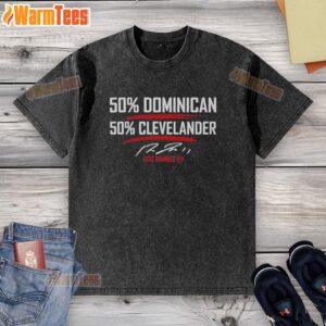 Alt Text: Jose Ramirez signature washed t-shirt, 50% Dominican, 50% Clevelander, showcasing a stylish and unique design.