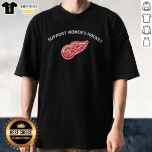 Official Detroit Red Wings logo on a women's hockey t-shirt supporting the team and promoting women's sports.
