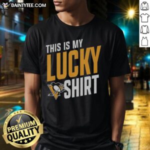 Alt Text: Awesome Pittsburgh Penguins This Is My Lucky T-Shirt featuring team colors and logo, perfect for fans and game days.