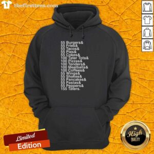 Cozy hoodie featuring 'I'm Doing Something' design with 55 burgers, 100 tater tots, and 155 taters for food lovers.