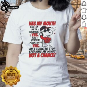 Alt Text: Original Snoopy in a red hoodie with 'Joe Cool' caption, humorously stating 'Has my mouth gotten me in trouble?'
