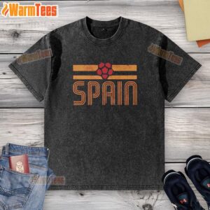 Alt Text: Original Spain Retro Stripe World Cup Football Washed T-Shirt featuring vintage design and vibrant colors.