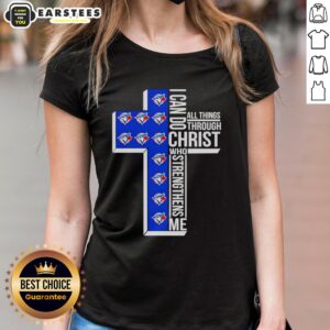 Alt Text: Official Toronto Blue Jays Cross 'I Can Do All Things Through Christ Who Strengthens Me' Ladies Tee shirt design.