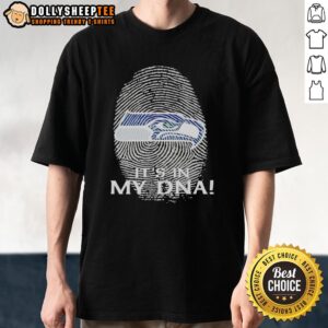 Alt Text: Original Seattle Seahawks NFL It's In My DNA fingerprint t-shirt showcasing team pride in vibrant colors.