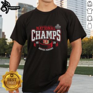 Alt Text: Pretty Denver Pioneers 2026 NCAA Frozen Four Men's Ice Hockey National Champions T-Shirt featuring a hockey puck design.