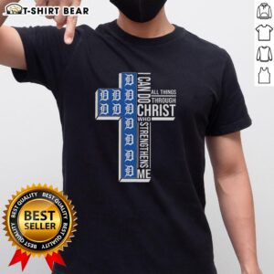 Alt Text: Top Detroit Tigers Cross I Can Do All Things Through Christ Who Strengthens Me T-Shirt in vibrant blue and orange.