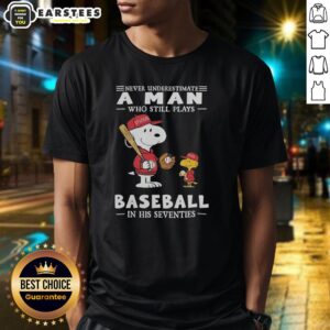 Alt Text: Cute The Peanuts X St Louis Cardinals t-shirt featuring a playful design about playing baseball in your seventies.