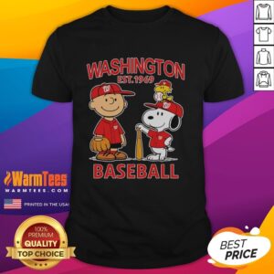 Alt Text: Charlie Brown, Snoopy, and Woodstock wearing a Washington Nationals baseball jersey t-shirt, established 1969.