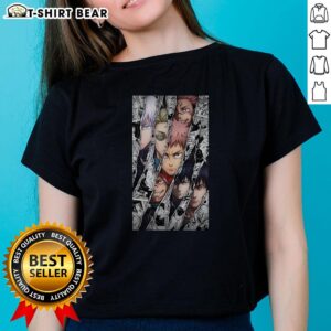 Alt Text: Original Jujutsu Kaisen characters on a manga panel featured on a stylish Burst Ladies Tee.