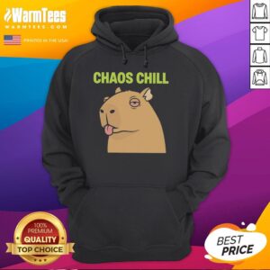 Alt Text: Funny Nice Capybara with red eyes sticking out her tongue, wearing a Chaos Chill meme hoodie, perfect for meme lovers.