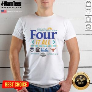 2026 NCAA Women's Final Four T-shirt featuring UCLA, Connecticut, South Carolina, and Texas logos for fans.