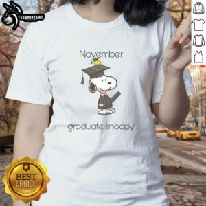 Adorable November graduate Snoopy and Woodstock on a ladies tee, perfect for celebrating graduation in style.