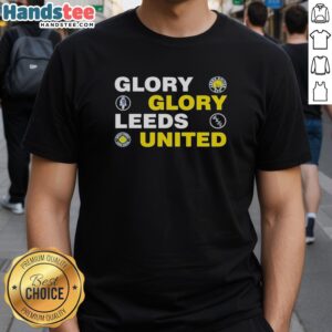 Alt Text: Premium Glory Glory Leeds United FC T-Shirt featuring club colors and logo, perfect for passionate Leeds fans.