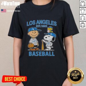 Nice Charlie Brown, Snoopy, and Woodstock in Los Angeles Dodgers baseball jersey, est. 1883, on a ladies tee.