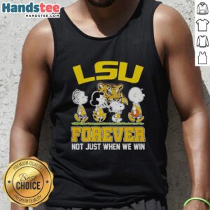 Pretty Peanuts characters in LSU Tigers tank top, celebrating NBA spirit with 'Forever Not Just When We Win' slogan.