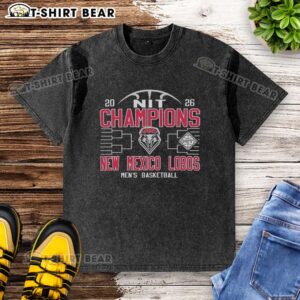 Top New Mexico Lobos men's basketball NIT champions 2026 washed t-shirt featuring team logo and vibrant design.