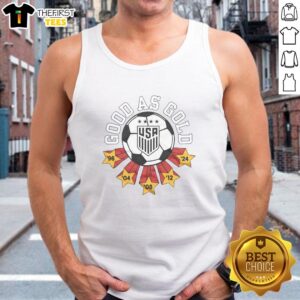Premium USWNT Good As Gold tank top featuring a stylish design in gold and black, perfect for soccer fans.