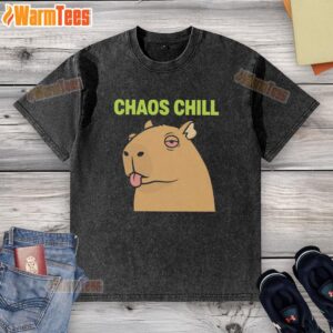 Funny capybara with red eyes sticking out its tongue on a chaos chill meme washed t-shirt, perfect for animal lovers.