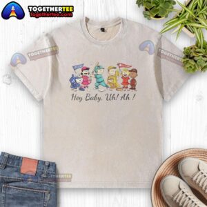 Alt Text: Awesome Snoopy Peanuts and Friends Hey Baby Uh Ah washed t-shirt featuring colorful graphics and a casual design.