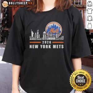 Hot New York Mets baseball 2026 word art featuring city skyline design on a ladies tee shirt.