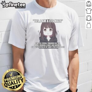 Man wearing 'Pretty Yes I Am A Cis Male' Eggirl T-Shirt while scrolling on his phone, showcasing trendy casual fashion.