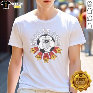 Premium USWNT Good As Gold T-Shirt featuring bold graphics, perfect for fans celebrating women's soccer achievements.