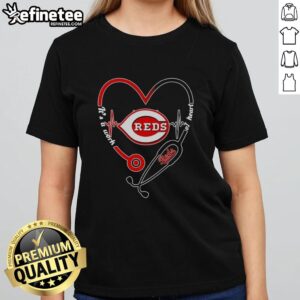Pretty Cincinnati Reds heart and soul tee with stethoscope and heartbeat design for ladies, showcasing team spirit.