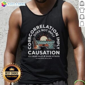 Hot spurious correlation tank top featuring humorous graphics on causation misconceptions in vibrant colors.