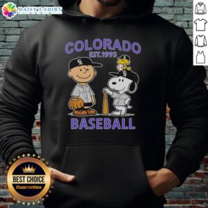Charlie Brown, Snoopy, and Woodstock in Colorado Rockies baseball jersey hoodie, established 1993, vibrant design.