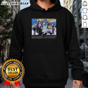 Cozy 'Pretty Endless Monday Dreams and Deadlines' hoodie design featuring vibrant colors and family-themed graphics.