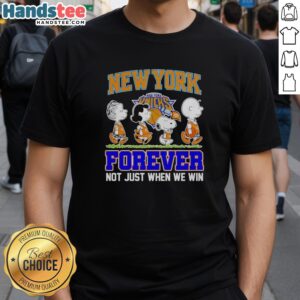 Official Peanuts Characters X MLB New York Knicks Forever T-Shirt showcasing fun design for fans and collectors.