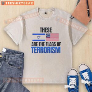 Hot flags of terrorism design on a washed t-shirt featuring Israel and USA flags, perfect for statement fashion.