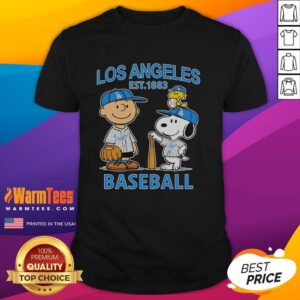 Charlie Brown, Snoopy, and Woodstock wearing a Los Angeles Dodgers baseball jersey T-shirt, established 1883.